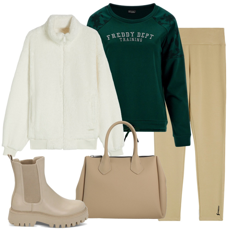 Outfit donna - Lunedì mattina. Stile Basic per Tutti i giorni. Abbinamento con borse a mano, felpe, leggings, blazer, stivaletti chelsea.