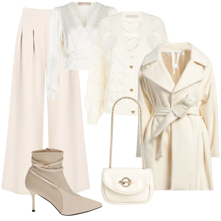 Outfit donna - Bianco Natale. Stile Bon Ton per Tutti i giorni. Abbinamento con cappotti, borse a spalla, pantaloni a palazzo, cardigans, bluse, stivaletti.