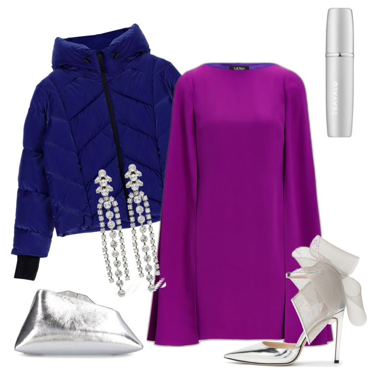 Outfit donna - Capodanno. Stile Glamour per Serata fuori. Abbinamento con profumi, cappotti, vestiti, décolleté, pochette, orecchini.
