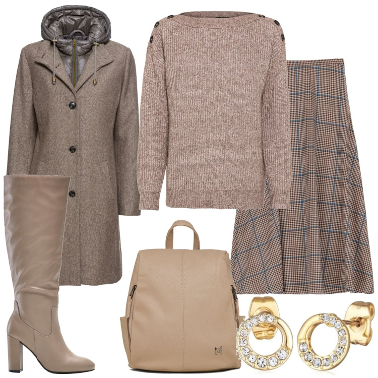 Outfit donna - Gonna lunga e stivali. Stile Glamour per Tutti i giorni. Abbinamento con cappotti, maglieria, stivali sopra il ginocchio, gonne longuette, zaini, orecchini.