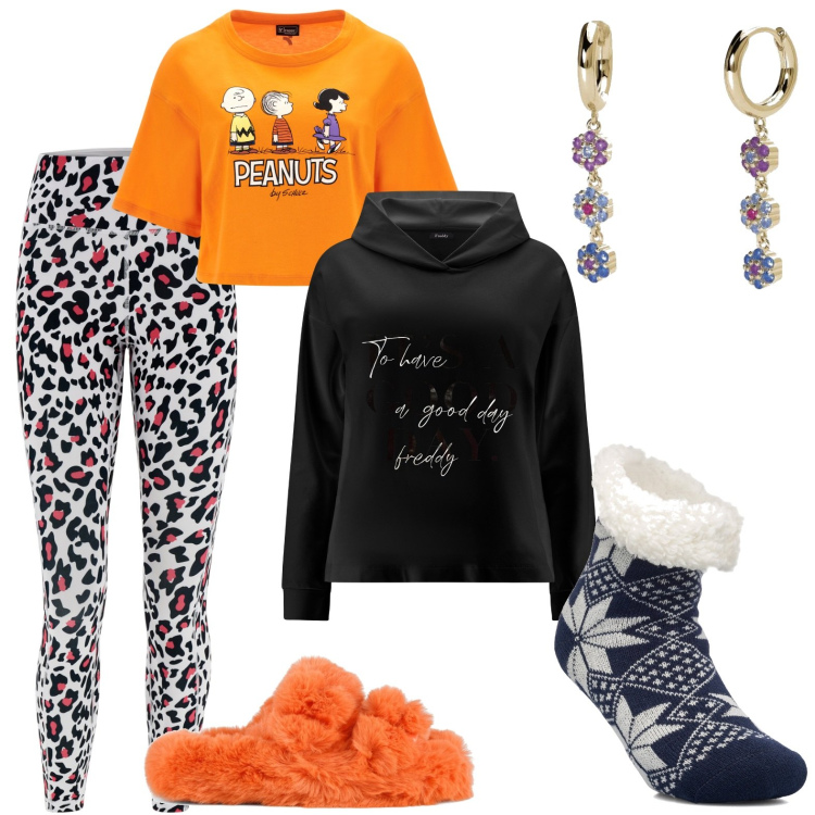 Outfit donna - Comoda a casa. Stile Sporty chic per Tutti i giorni. Abbinamento con orecchini, leggings sportivo, felpe con cappuccio, t-shirt, calzini, ciabatte.