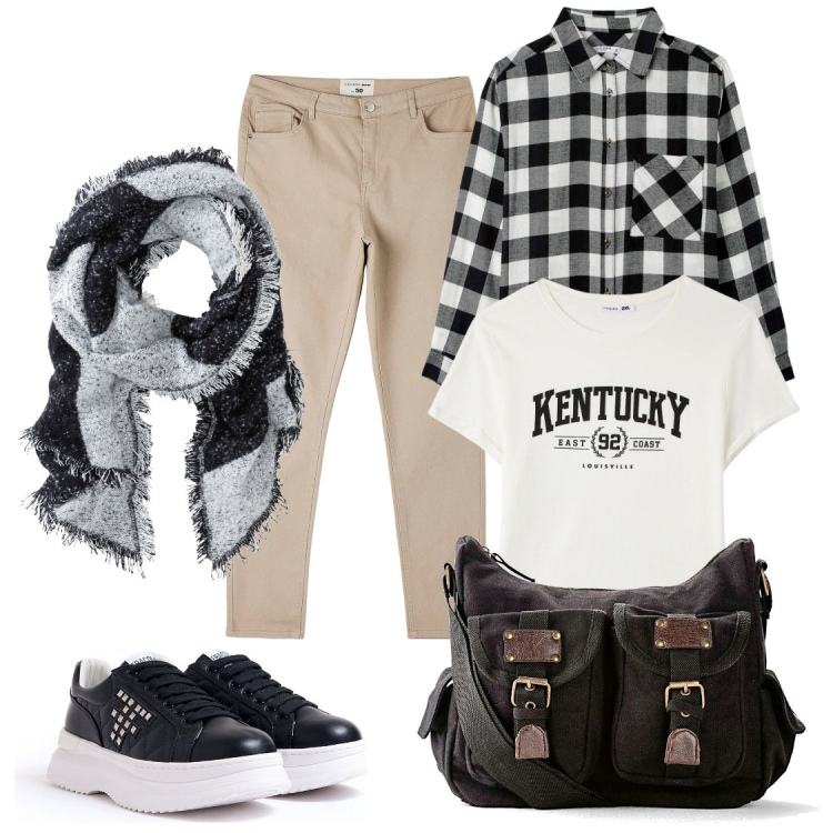 Outfit donna - Total look #1780456. Abbinamento con sciarpe, borse a tracolla, camicie, t-shirt, pantaloni, sneakers.