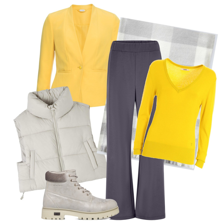 Outfit donna - Giallo e grigio. Stile Basic per Tutti i giorni. Abbinamento con blazer, piumini, maglieria, pantaloni a palazzo, stivaletti, sciarpe.