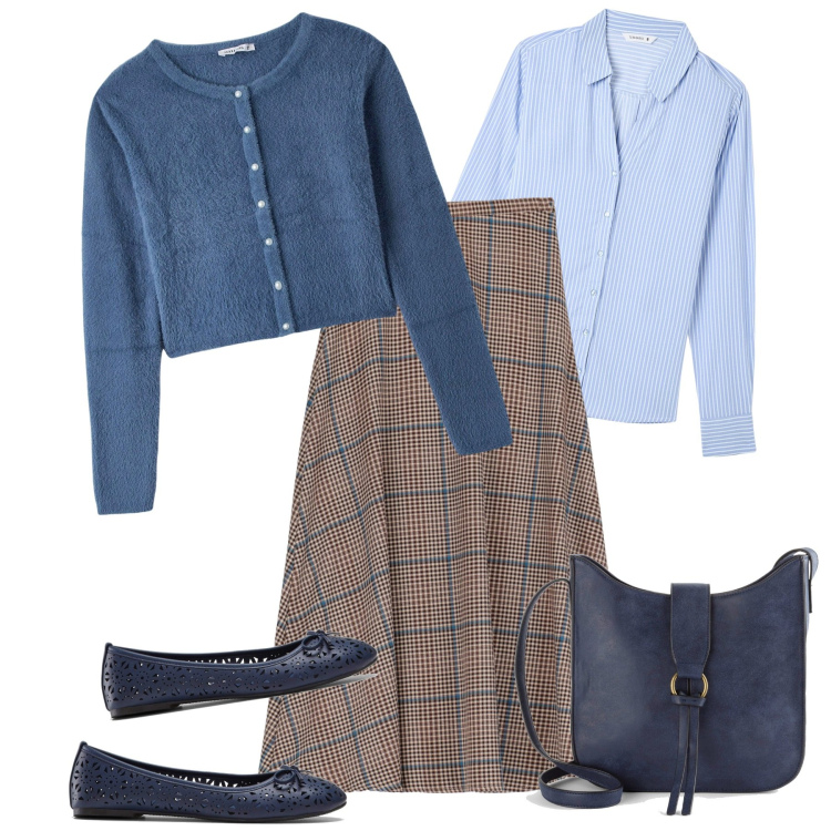 Outfit donna - Le ballerine blu. Stile Bon Ton per Tutti i giorni. Abbinamento con ballerine, borse a tracolla, camicie, cardigans, gonne longuette.