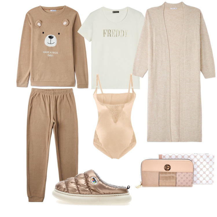 Outfit donna - Relax casalingo. Stile Casual per Tutti i giorni. Abbinamento con body, pigiama, cardigans, t-shirt, pantofole, portafogli.