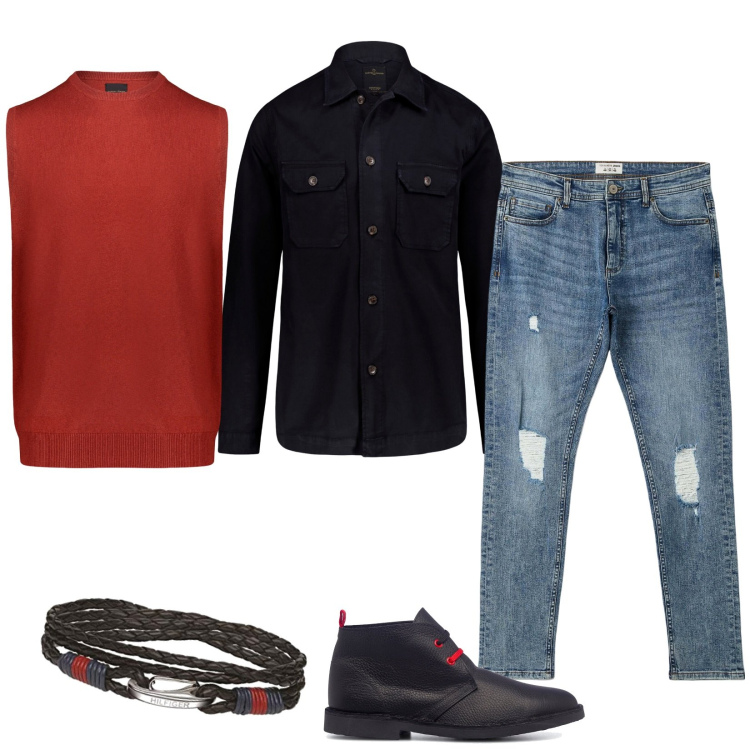 Outfit uomo - Red details. Stile Trendy per Serata speciale. Abbinamento con jeans strappati, stivali e stivaletti, gilet, camicie, braccialetti.