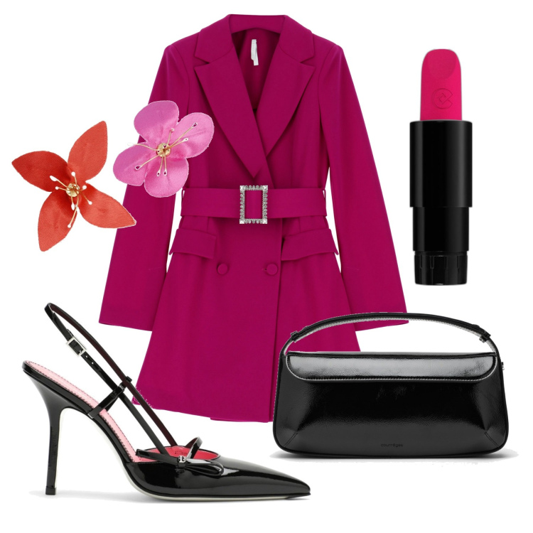 Outfit donna - Petunia. Stile Trendy per Serata fuori. Abbinamento con rossetti, vestiti corti, scarpe col tacco, orecchini, borse a spalla.