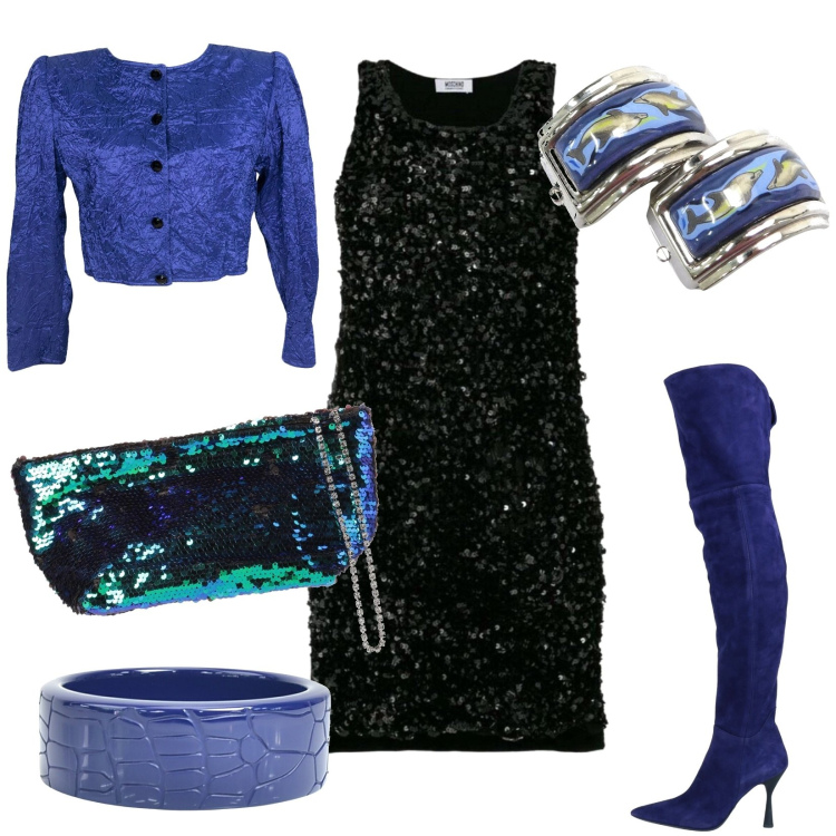 Outfit donna - Blue light. Stile Chic per Serata fuori. Abbinamento con blazer, braccialetti, orecchini, vestiti midi/longuette, borse a mano, stivali sopra il ginocchio.