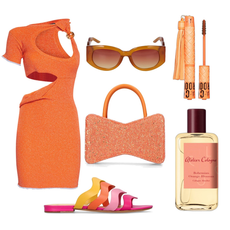 Outfit donna - Holiday season. Stile Trendy per Tutti i giorni. Abbinamento con mascara, profumi, sandali in pelle, borse a mano, occhiali da sole, vestiti.