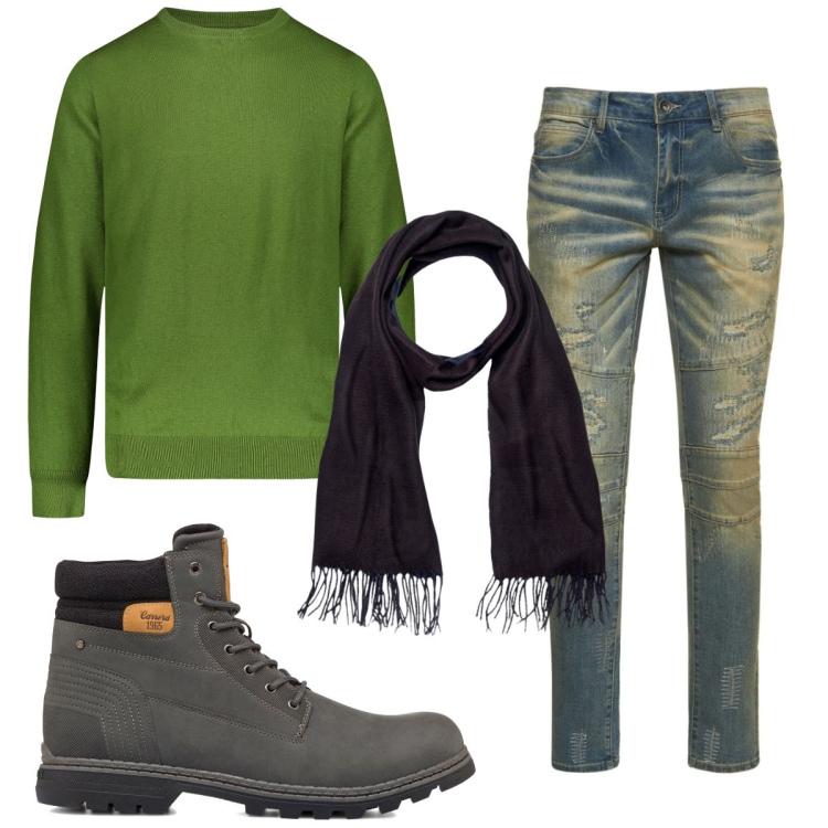 Outfit uomo - Total look #1780538. Stile Casual per Tutti i giorni. Abbinamento con stivali e stivaletti, sciarpe, jeans, maglieria.