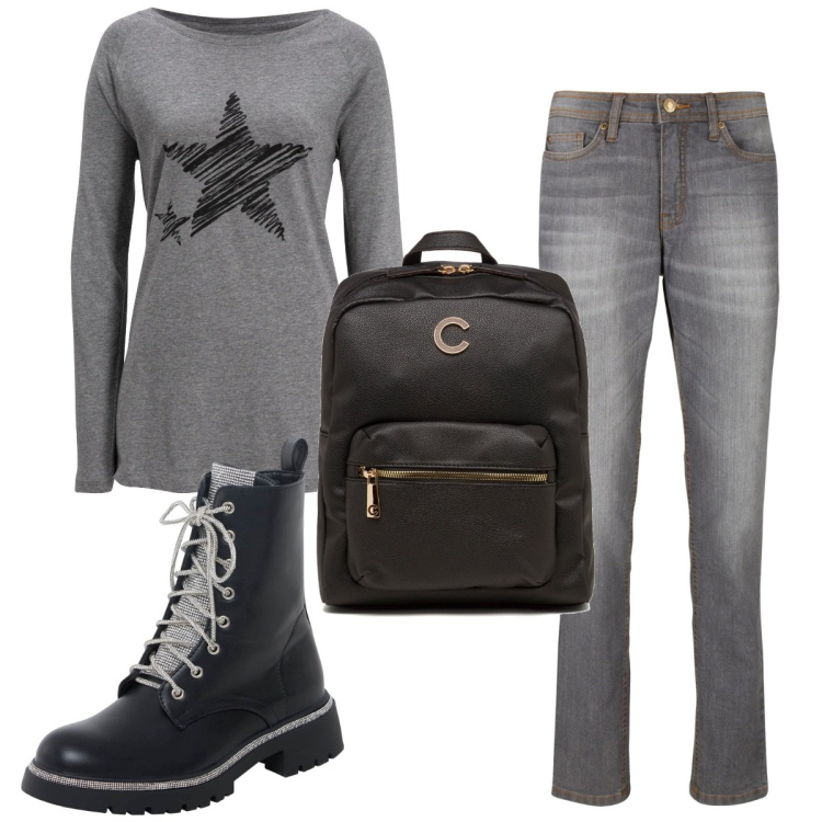 Outfit donna - Total look #1780544. Stile Basic per Scuola/Università. Abbinamento con jeans mom, maglieria, anfibi, zaini.