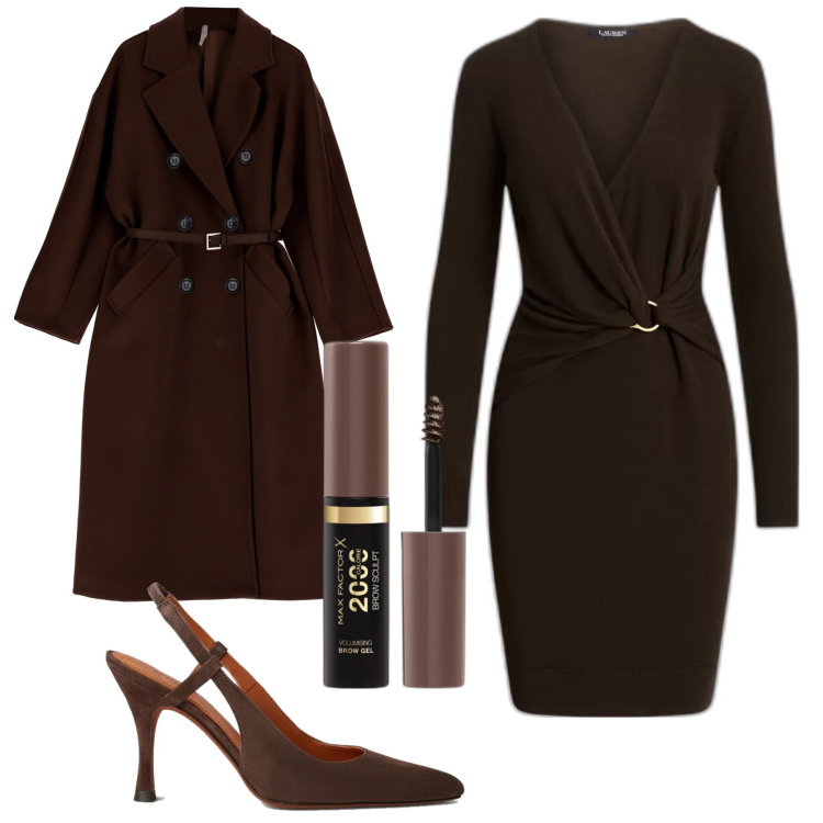 Outfit donna - Glamour marrone. Stile Glamour per Ufficio. Abbinamento con mascara, cappotti, scarpe col tacco, vestiti.