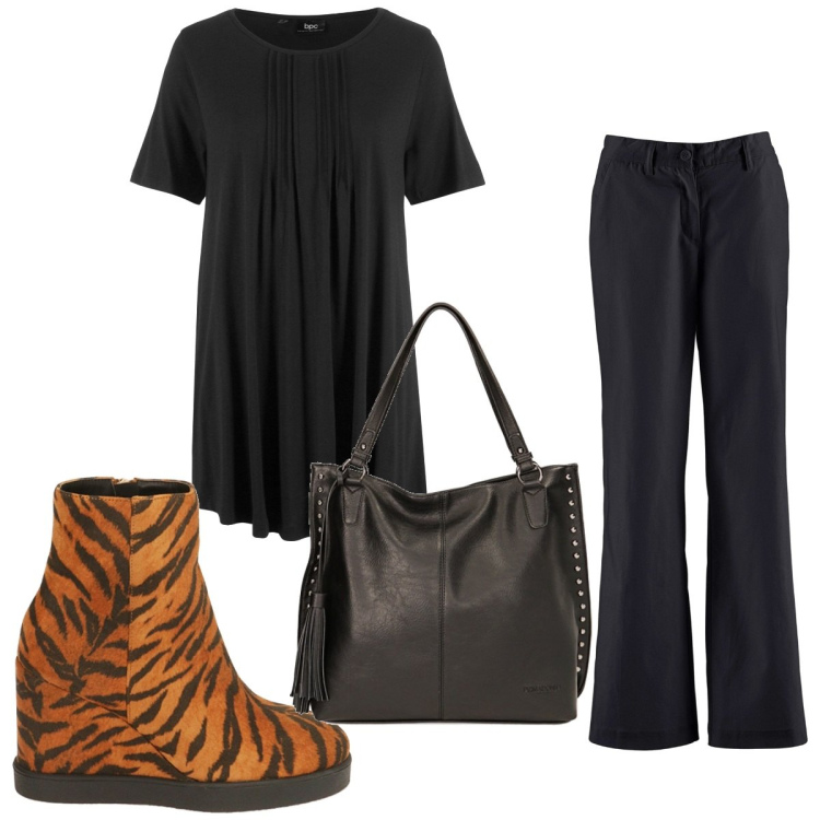 Outfit donna - Total look #1780557. Stile Trendy per Tutti i giorni. Abbinamento con pantaloni, t-shirt, borse a spalla, stivaletti.