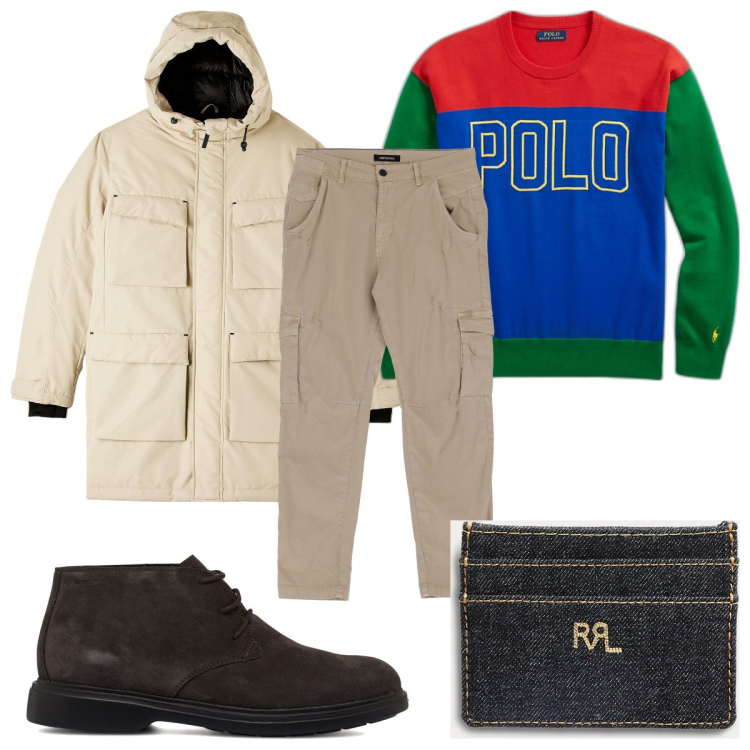 Outfit uomo - Total look #1780560. Stile Trendy per Tutti i giorni. Abbinamento con parka, pantaloni, stivali e stivaletti, portafogli, maglieria.