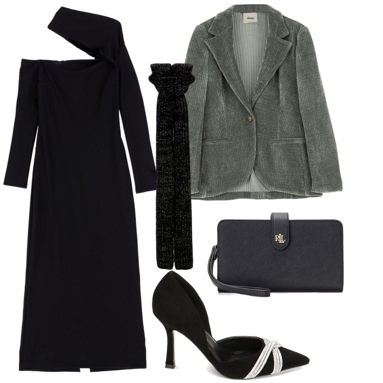 Outfit donna - Serata a teatro. Stile Chic per Serata fuori. Abbinamento con vestiti midi/longuette, sciarpe, cappotti, décolleté, pochette.