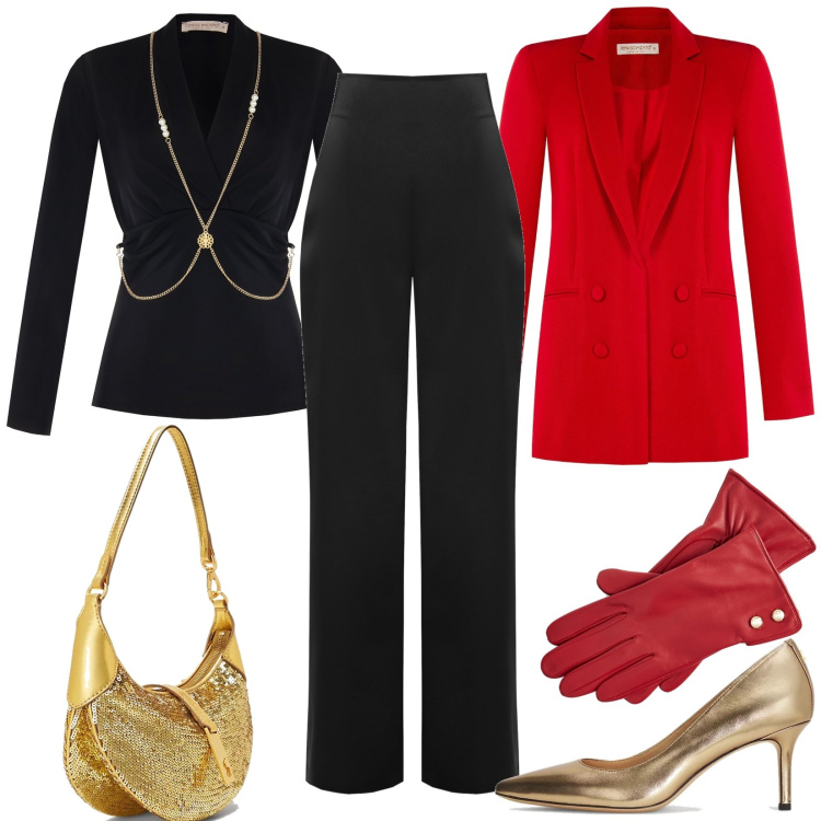 Outfit donna - Chic per una serata di festa. Stile Chic per Serata fuori. Abbinamento con culotte, pantaloni a palazzo, cappotti, guanti, décolleté, borse a spalla.