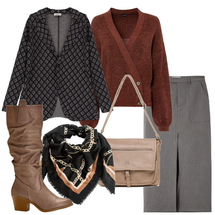 Outfit donna - Ruggine. Stile Bon Ton per Tutti i giorni. Abbinamento con stivali, maglieria, foulard, gonne lunghe, cappotti, borse a tracolla.