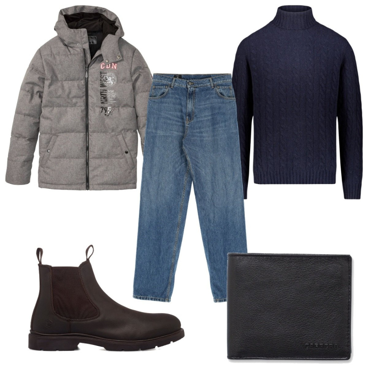 Outfit uomo - Total look #1780628. Stile Casual per Tutti i giorni. Abbinamento con giacche, jeans dritti, stivali e stivaletti, portafogli, maglieria.