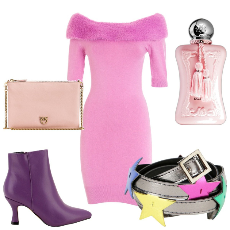 Outfit donna - L\'abito è più trendy con la cintura. Stile Trendy per Serata fuori. Abbinamento con profumi, borse a tracolla, vestiti, stivaletti, cinture.