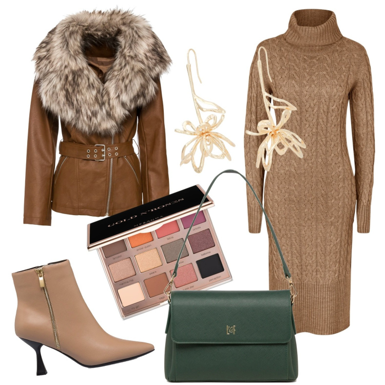 Outfit donna - Lavoro e poi aperitivo. Stile Glamour per Tutti i giorni. Abbinamento con vestiti midi/longuette, blazer, ombretti, stivaletti, borse a tracolla, orecchini.