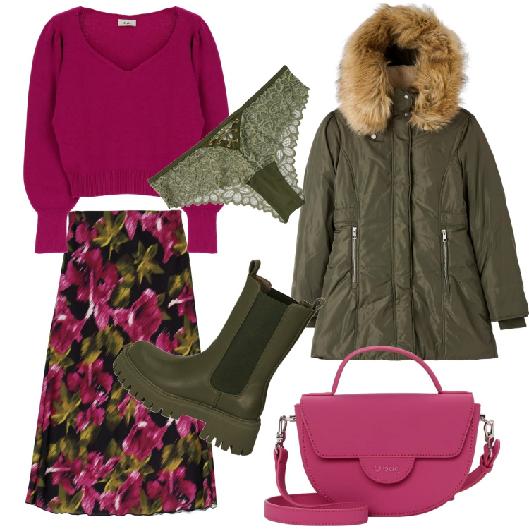 Outfit donna - Weekend in agriturismo. Stile Casual chic per Tutti i giorni. Abbinamento con culotte, parka, gonne longuette, pullovers, stivaletti chelsea, borse a spalla.