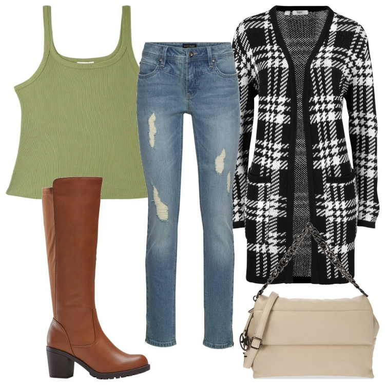 Outfit donna - Total look #1780669. Stile Trendy per Tutti i giorni. Abbinamento con stivali, jeans strappati, cardigans, top, borse a spalla.