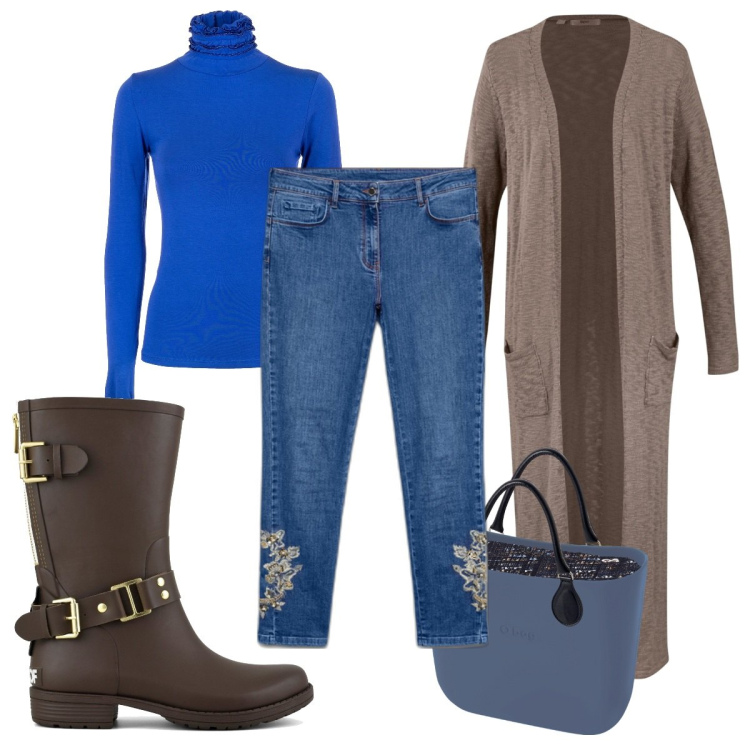 Outfit donna - Total look #1780672. Stile Trendy per Tutti i giorni. Abbinamento con cardigans, top, stivali, jeans skinny, borse a spalla.