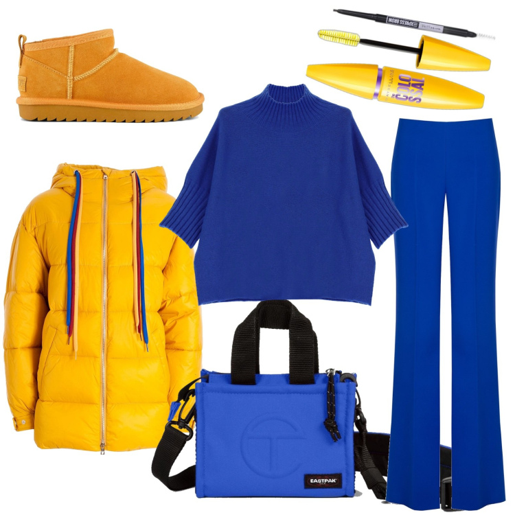 Outfit donna - Meraviglioso bluette. Stile Basic per Ufficio. Abbinamento con mascara, pantaloni a palazzo, piumini, maglieria, stivali, shopping bag.