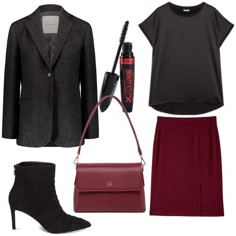 Outfit donna - Ufficio. Stile Vintage retrò per Ufficio. Abbinamento con mascara, gonne, stivaletti, borse a tracolla, bluse, blazer.