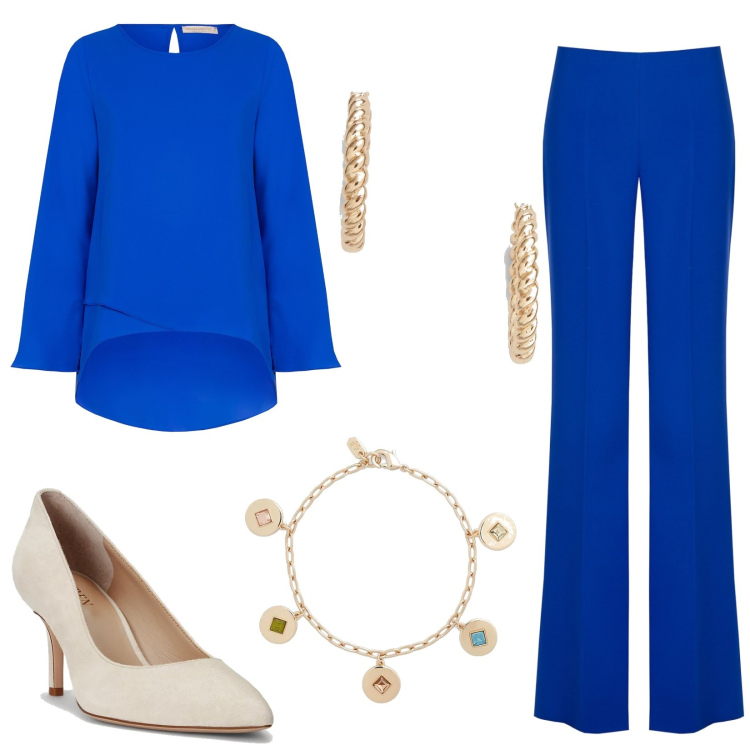 Outfit donna - Rinascimento Christmas. Stile Chic per Serata fuori. Abbinamento con pantaloni a palazzo, bluse, décolleté, braccialetti, orecchini.