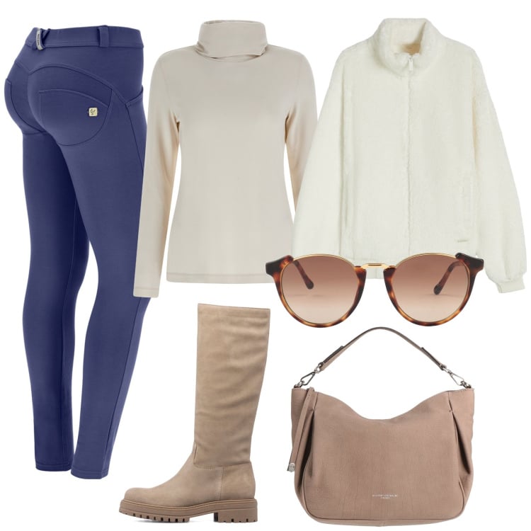 Outfit donna - Freddy Christmas. Stile Sporty chic per Tutti i giorni. Abbinamento con borse a mano, occhiali da sole, maglieria, blazer, pantaloni skinny, stivali sopra il ginocchio.