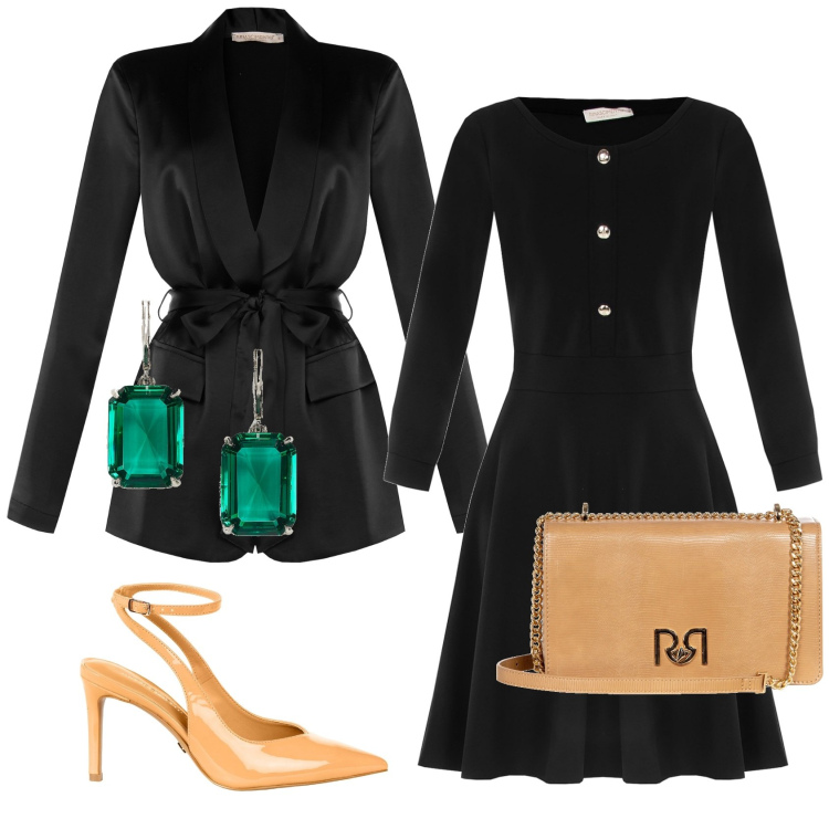 Outfit donna - Semplice e bella. Stile Chic per Tutti i giorni. Abbinamento con vestiti, décolleté, cappotti, borse a tracolla, orecchini.