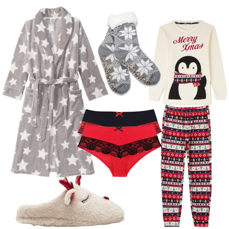 Outfit donna - Homewear natalizio. Stile Basic per Tutti i giorni. Abbinamento con vestaglie, pantofole, slip, pigiama, calzini.