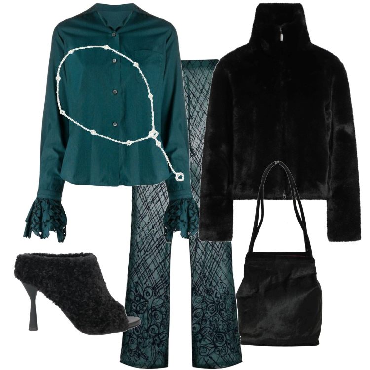 Outfit donna - Total look #1780717. Stile Casual chic per Serata fuori. Abbinamento con pantaloni, collane, cappotti, camicie, sandali in pelle, borse a spalla.