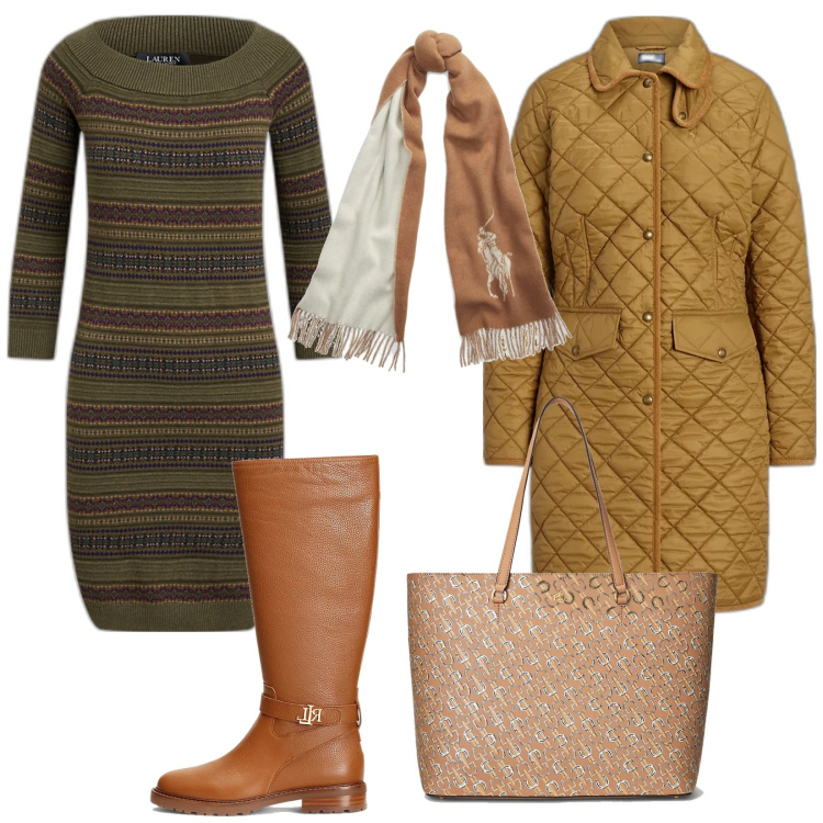 Outfit donna - Ralph Lauren Christmas. Stile Basic per Tutti i giorni. Abbinamento con vestiti, cappotti, stivali sopra il ginocchio, borse tote, sciarpe.