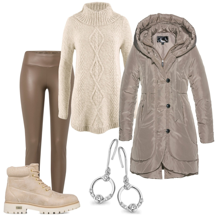 Outfit donna - Passeggiata invernale. Stile Casual per Tutti i giorni. Abbinamento con blazer, leggings, maglieria, stivaletti, orecchini.