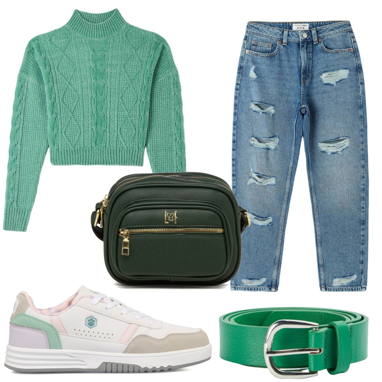 Outfit donna - Total look #1780754. Stile Casual per Scuola/Università. Abbinamento con jeans mom, maglieria, cinture, borse a tracolla, sneakers.