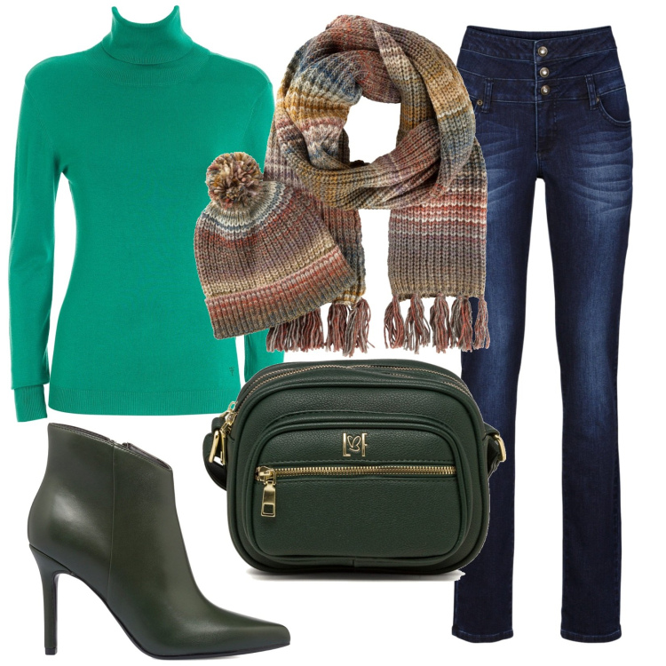 Outfit donna - Total look #1780772. Stile Casual per Tutti i giorni. Abbinamento con jeans skinny, sciarpe, maglieria, borse a tracolla, stivaletti.