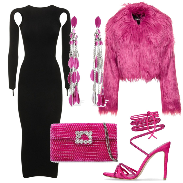 Outfit donna - Total look #1780782. Stile Glamour per Serata fuori. Abbinamento con vestiti midi/longuette, orecchini, sandali in pelle, cappotti, pochette.