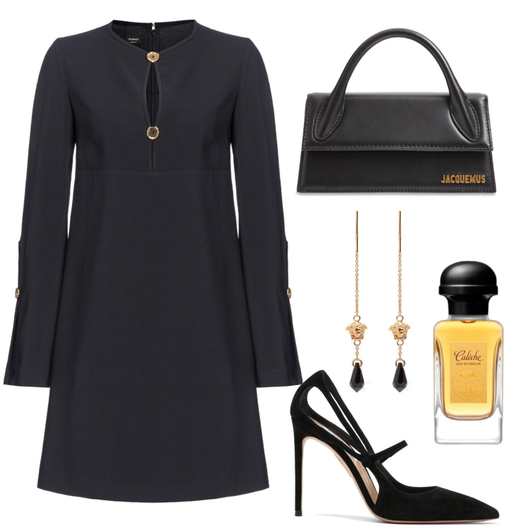 Outfit donna - Festa di capodanno. Stile Glamour per Serata fuori. Abbinamento con profumi, vestiti corti, scarpe col tacco, borse a mano, orecchini.