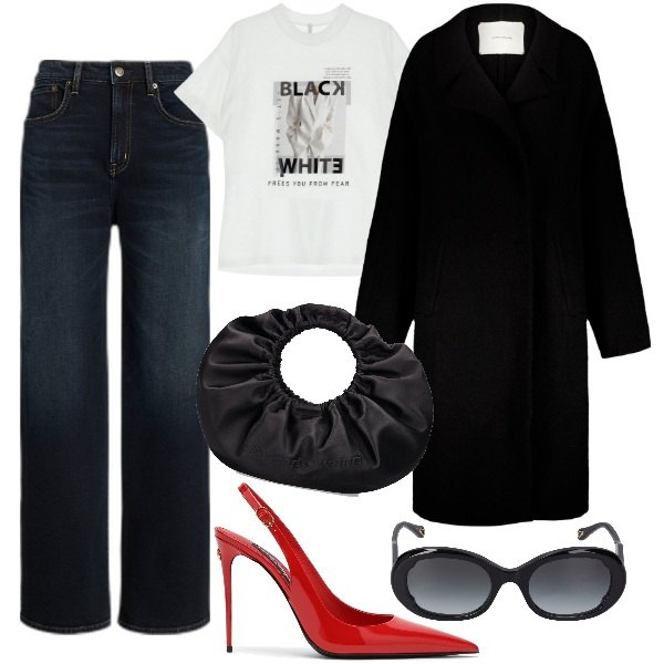 Outfit donna - Jeans a gamba larga e cappotto. Stile Urban per Tutti i giorni. Abbinamento con t-shirt, jeans, cappotti, occhiali da sole, scarpe col tacco, borse a mano.