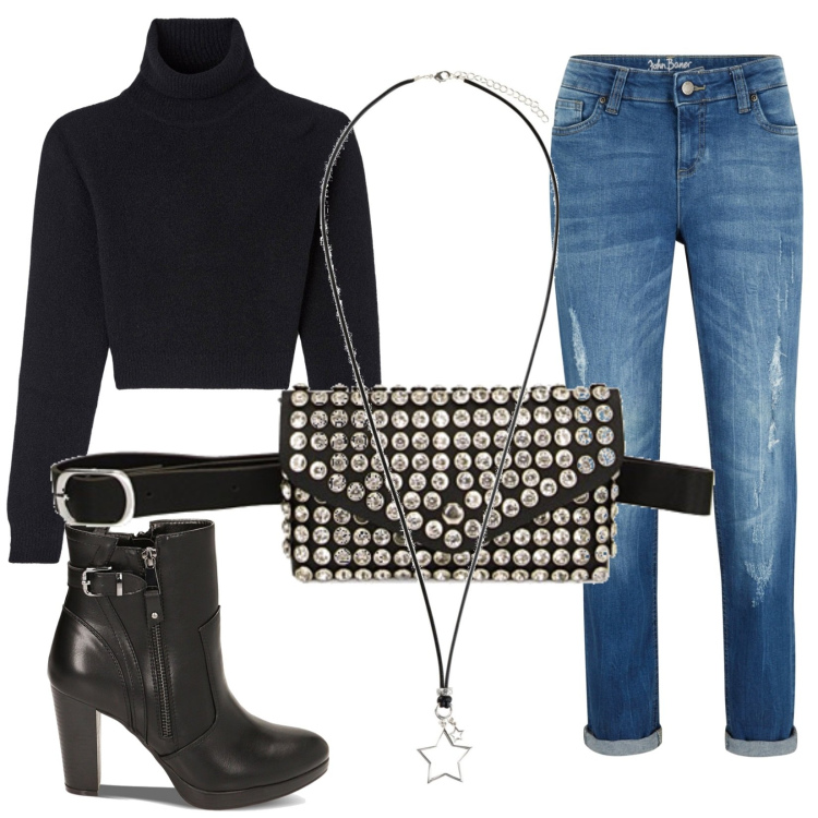 Outfit donna - Total look #1780803. Stile Rock per Tutti i giorni. Abbinamento con jeans boyfriend, collane, maglieria, borse a spalla, stivaletti.