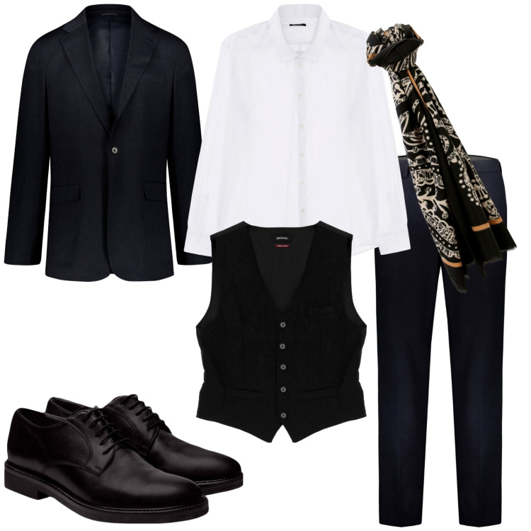 Outfit uomo - Total look #1780813. Stile Business/Elegante per Serata speciale. Abbinamento con camicie, gilet, sciarpe, pantaloni, scarpe stringate, abiti.