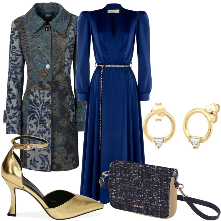 Outfit donna - Invitata ad un cerimonia di sera. Stile Chic per Cerimonia. Abbinamento con cappotti, vestiti chemisier, décolleté, borse a spalla, orecchini.