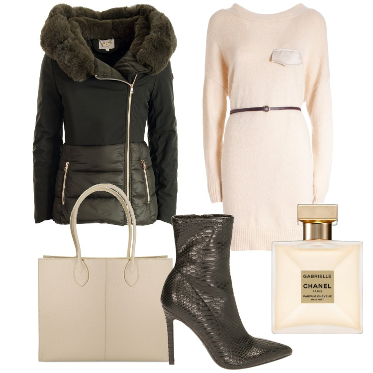 Outfit donna - Gabrielle. Stile Glamour per Serata fuori. Abbinamento con profumi, piumini, vestiti midi/longuette, borse a spalla, stivaletti.