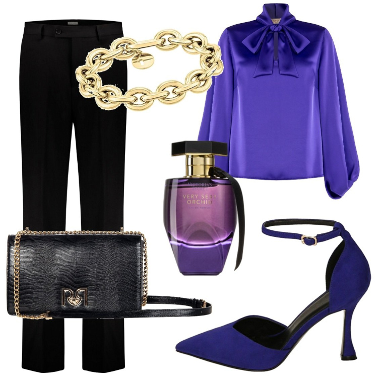 Outfit donna - Iris. Stile Chic per Serata fuori. Abbinamento con profumi, bluse, borse a tracolla, décolleté, braccialetti, pantaloni.