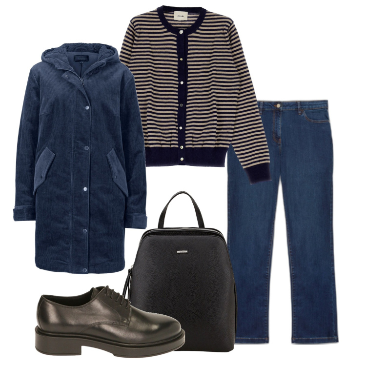 Outfit donna - Ufficio. Stile Bon Ton per Tutti i giorni. Abbinamento con parka, zaini, scarpe stringate, pullovers, jeans dritti.