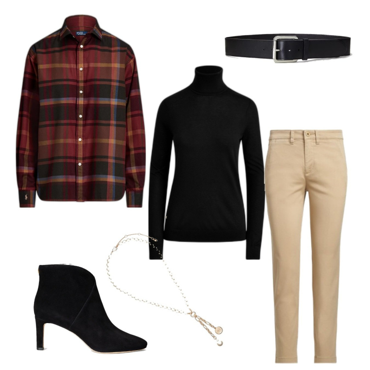 Outfit donna - Festività a casa. Stile Casual per Tutti i giorni. Abbinamento con camicie, stivaletti, ciondoli, maglieria, pantaloni chino, cinture.