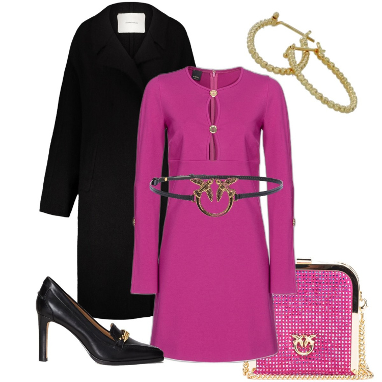 Outfit donna - Abito e cintura Pinko. Stile Glamour per Serata fuori. Abbinamento con cinture, vestiti corti, clutch, décolleté, cappotti, orecchini.