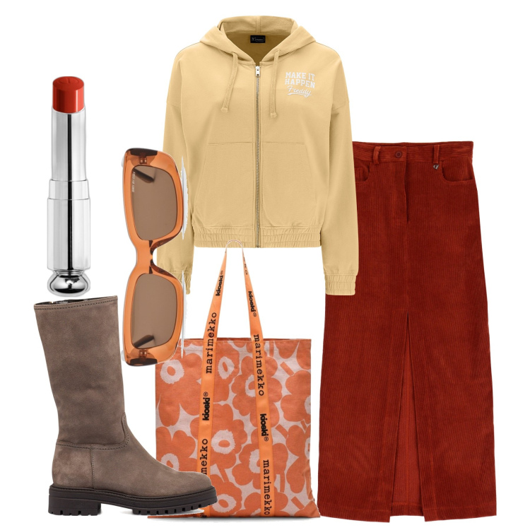 Outfit donna - Curcuma Christmas. Stile Urban per Tutti i giorni. Abbinamento con rossetti, felpe con cappuccio, gonne lunghe, stivali sopra il ginocchio, occhiali da sole, borse tote.